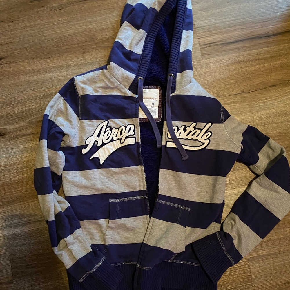 Aeropostale Navy and Gray Striped Zip-Up Hoodie